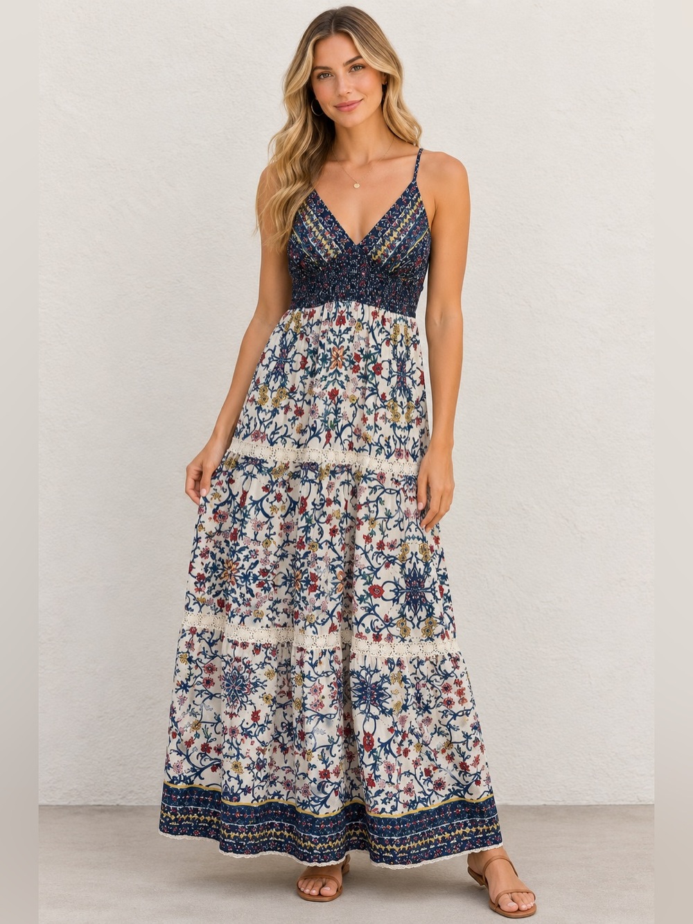 Angie Bohemian Maxi Dress with Navy Bodice and Floral Skirt Size Large